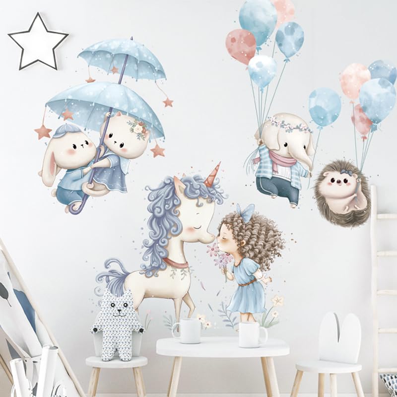 Image of Adorable Wall Sticker of Unicorn Princess Animals and Balloons Kids and Baby Room Decoration Wall Decals Decorative Wall Decor
