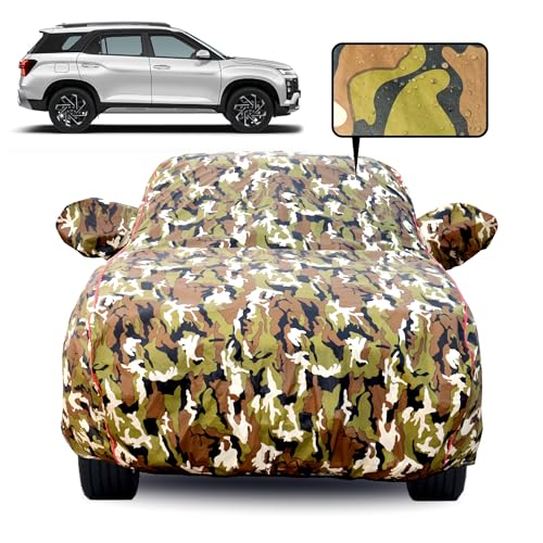 Image of Waterproof Car Body Cover for Hyundai Alcazar with Mirror Pocket, Soft Cotton Lining, Triple Stitched, Full Bottom Elastic (Heat Resistant Jungle Print with Red Piping)
