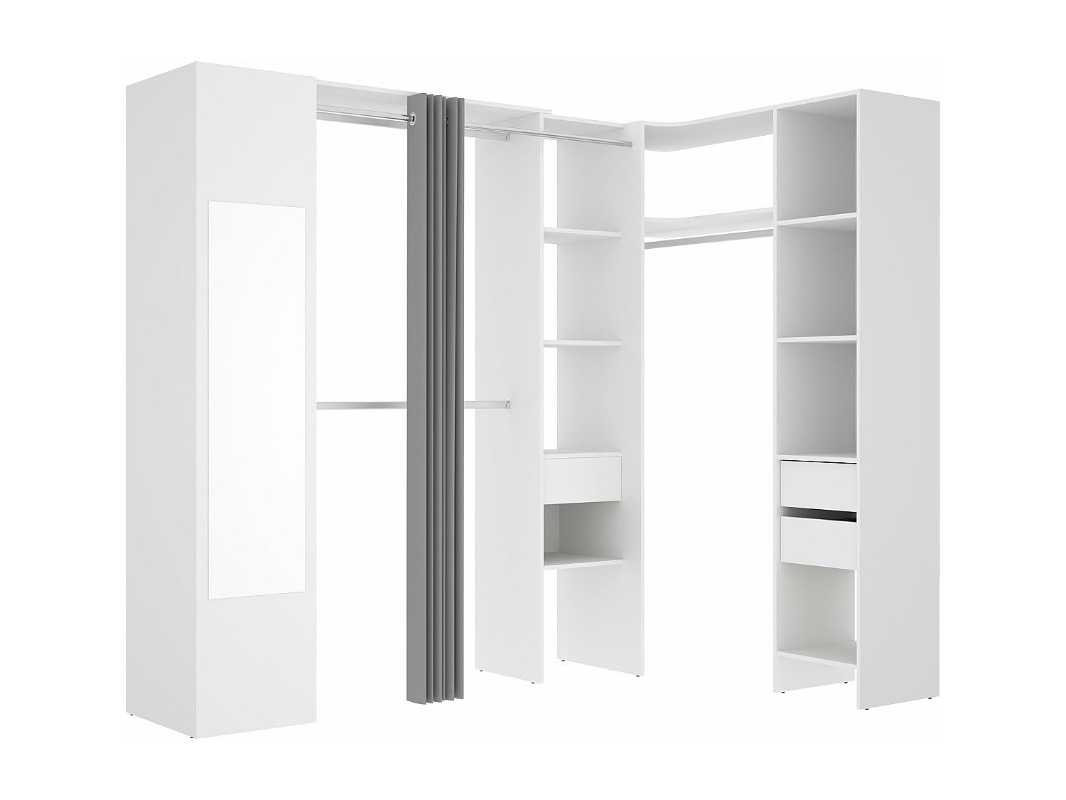 Vente-​unique-​Dressing d'angle avec Rideau et 1 Porte - avec Miroir - L231 cm - Blanc et Gris - Bertrand