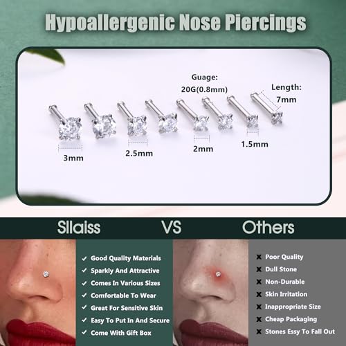 Sllaiss 8 Pcs 20G Nose Ring Studs Made with Austrian Crystal for Women Stainless Steel 1.5mm 2mm 2.5mm 3mm Nose Piercings Set Body Jewelry Hypoallergenic4