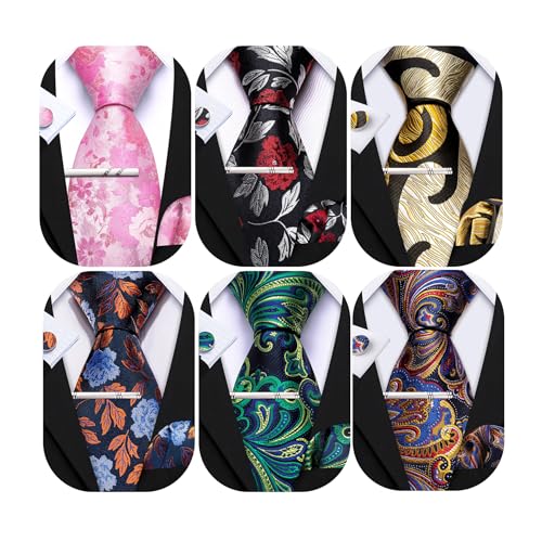 Image of Barry.Wang 6 PCS Men Ties Set Silk Business Fashion Woven Necktie Handkerchief Cufflinks Paisley Stripe Wedding Party