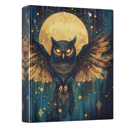 Image of 3 Ring Binder Owl Moon Moth Moon 1.5 inch Binders Three Ring Binders with Clipboard Fit 8.5'' x 11'' Paper 3 Interior PVC Clear Pockets for Office Supplies