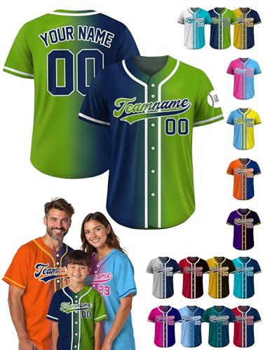 Custom Baseball Jersey – Personalized Name, Number & Logo, Gradient Neon Green Navy Button Up Jersey for Men, Women, Youth, Toddlers