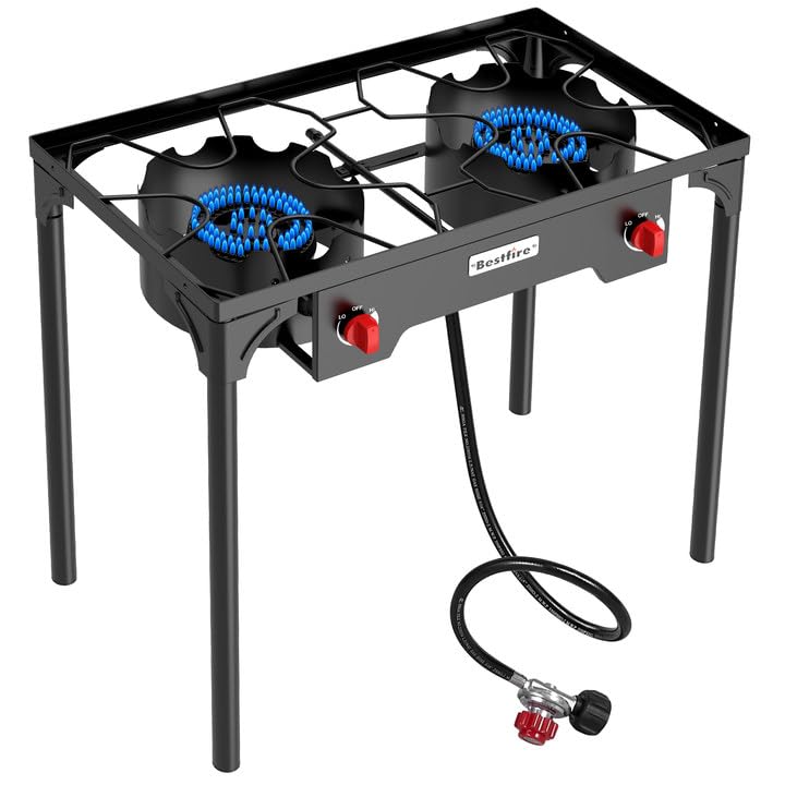 Image of BESTFIRE 2 Burner Camping Stove,150,000 BTU High Pressure Outdoor Propane,4ft 20 PSI Adjustable Regulator Hose With Removable Legs for Backyard Cooking Camping Home