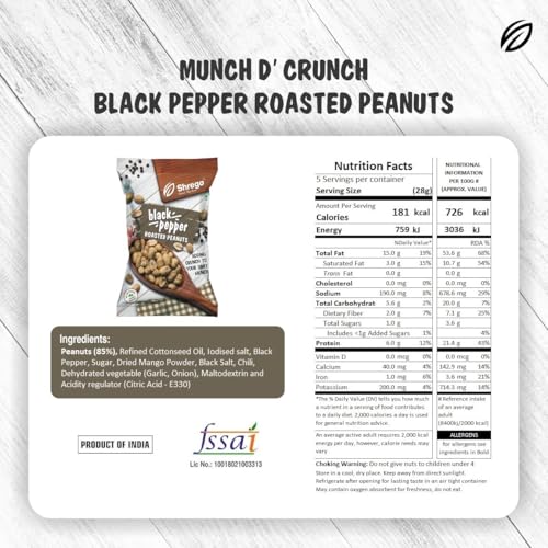 Image of SHREGO Black Pepper Roasted Peanuts, Healthy Namkeen and Snacks, Pack of 5, 700G (5X140G)