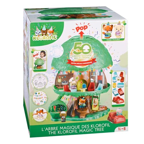 Klorofil - Arbre Magique des klorofil 50 Ans - Inclus : 2 Personnages inédits + 12 Accessoires (1 Voiture, 1 Espace Repos, 1 balançoire, 2 Lits, 1 Table, 4 chaises, 1 Banc et 1 Fauteuil)