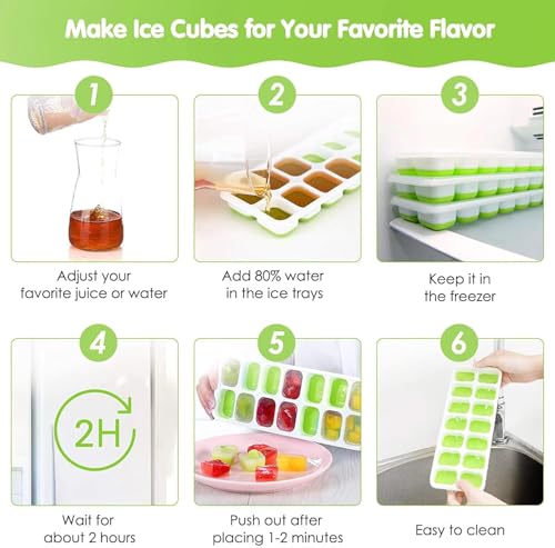 Image of ice Cube Tray with Lid - BPA Free Flexible Silicone Ice Maker Mold, Easy-Release 14-Cavity Ice Cube Trays for Freezer (Set of 2 - Blue & Green)