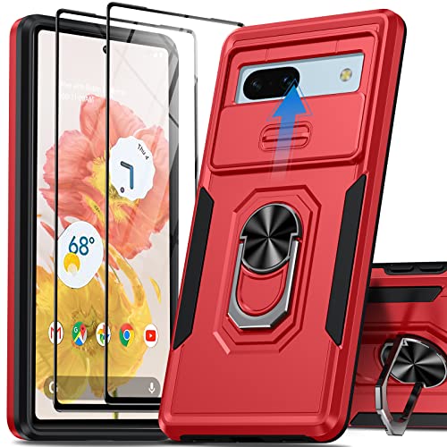 Oneagle For Google Pixel 7A Case With Screen Protector(2Pcs), Pixel 7A Phone Case With [Slide Camera Lens Cover]+[360° Rotatable Metal Kickstand] Military Grade Shockproof Case For Pixel 7A 6.1" Red #TOP27
