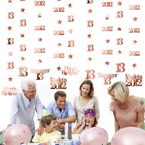 Image of 12PCS Rose Gold 13th Birthday Decorations Number 13 and 2012 Star Garland Streamer Banner Backdrop for Girls Cheers to 13 Years Birthday Vintage Made in 2012 Official Teenager Party Decor Supplies