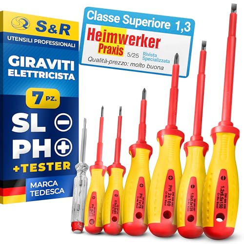 S&R Set di Cacciaviti da Elettricista Isolati, 7 giraviti a norma VDE Professionali con tester di tensione SL-PH. Qualità Professionale