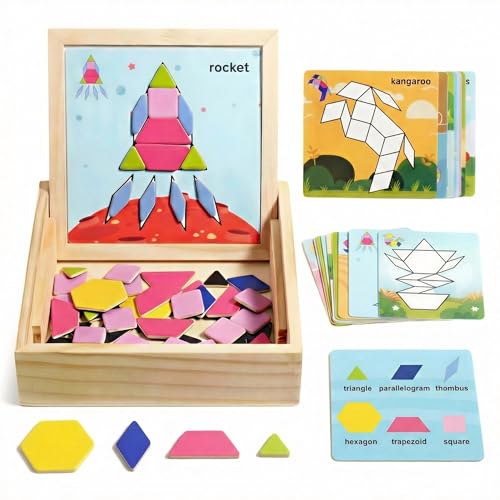 Puzzle Magnétique Bois Enfant Tangram Montessori 75 Pièces Mousse EVA Formes Géométriques Jouet Educatif STEM Fille Garçon 3 4 5 6 7 8 Ans avec 60 Cartes...