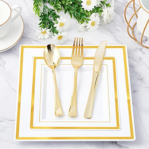 JOLLY CHEF 125 Count Square Gold Plastic Plates, Including 25 Disposable Dinner Plates, 25 Plastic Salad Plates, 25 Knives 25 Forks 25 Spoons, Plastic Dinner Plates for Weddings and Parties - Image 5