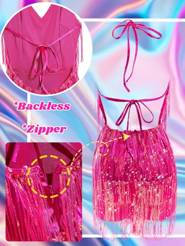Image of Kaei&Shi Sequin Fringe Romper,Sparkly Glitter Metallic Jumpsuits For Women,Backless Shorts Dress Disco Birthday Dance Outfit