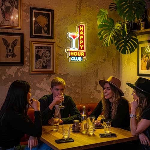 Image of Happy Hour Neon Signs Dimmable Retro Led Happy Hour Club Neon Light for Bar Club Pub Party USB Powered Neon Light Sign Man Cave Gifts(Yellow)