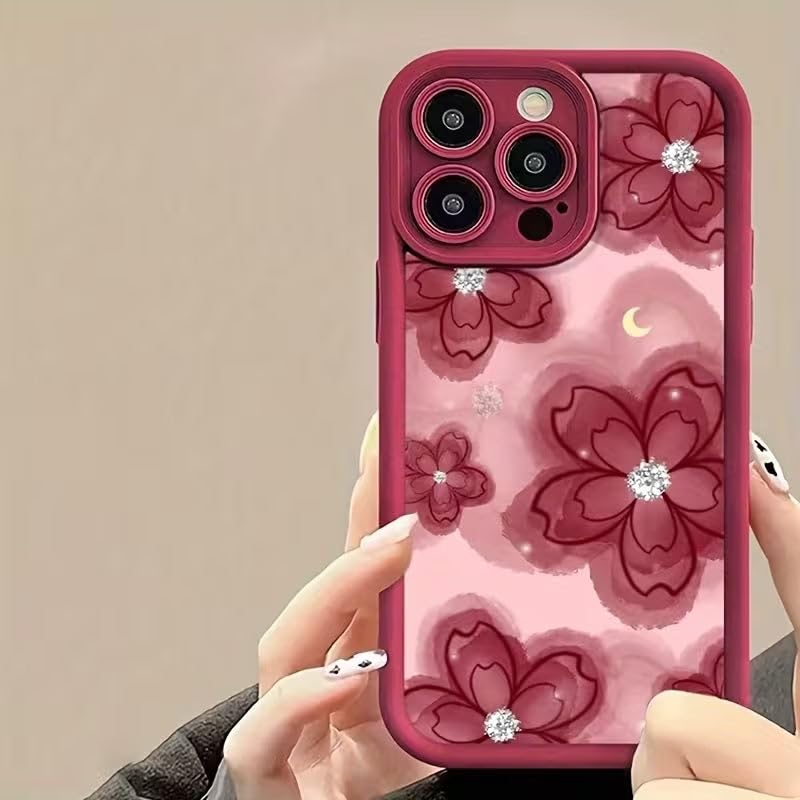 Image of COVERLY Red Floral Back Case Cover for iPhone 12 Pro | 3D Sparkle Diamond Flower Cute Design | Camera Lens Protection | Soft TPU Silicone Aesthetic Print Cover for Girls & Women (Red, Shockproof)