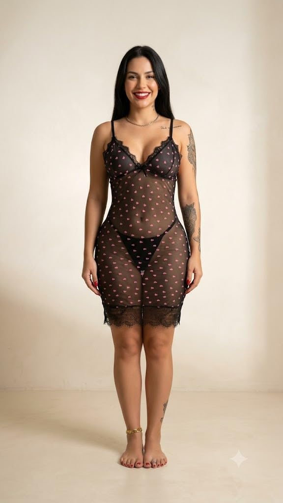 Elite | MANIKAN Women's Lingerie Sheer Mesh Babydoll Lingerie with Pink Hearts Print Black Lace Trim Ruched Design 2026 - view 4