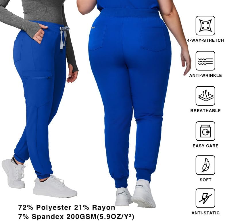 Kitmaz Scrub Pants for Women - Mid Rise 4-Way Stretch Anti-Wrinkle Slim Fit Jogger Pants, Drawstring & 5 Pockets Royal Blue, Royal Blue