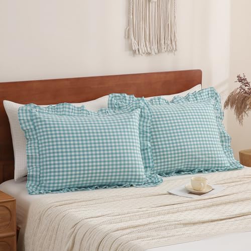 YHJWW Teal Gingham Ruffle Pillow Cases 100% Washed Cotton Like Linen Feel Soft Comfy Standard Size Plaid Checkered Cute Bedding Pillow Cover Shams Set of 2 Pack (20x26 Inches, Envelope Closure)