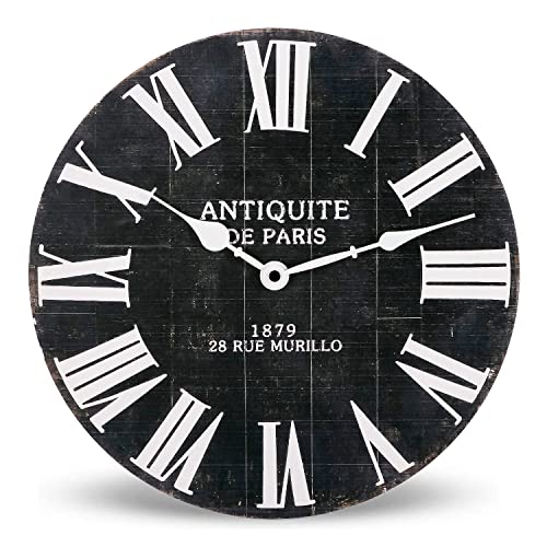 Nikky Home 12" Farmhouse Wood Wall Clock Battery Operated Silent Non Ticking Rustic Outdoor Wooden Black Clock Roman Numerals Home Decor For Kitchen, Living Room, Bedroom, Office #TOP4