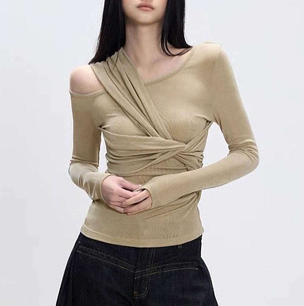 Women's One Off Shoulder Twist Knot Cutout Tops Long Sleeve Ruched Tank Asymmetrical Shirts Slim Y2K Pleat Tee Blouse - Image 7