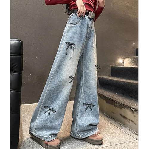 Baggy Jeans for Girls Ribbon Bows Wide Leg Pants Adjustable Waist Coquette Cute Jeans for Girls Kids High Waist Streetwear4