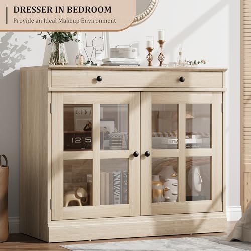 GarveeHome 35.4" Sideboard Buffet Cabinets with Glass Door, Buffet Cabinet with Storage, Oak Sideboard Cabinet with Drawer, Modern Buffets & Sideboards for Dining Room, Kitchen