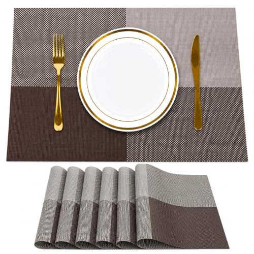 Image of Solitude Set of 6 Dining Table Placemats | Non-Slip PVC Table Mats, Heat Resistant, Washable, Stain-Resistant Surface (Beige & Coffee, 45 x 30 cm)
