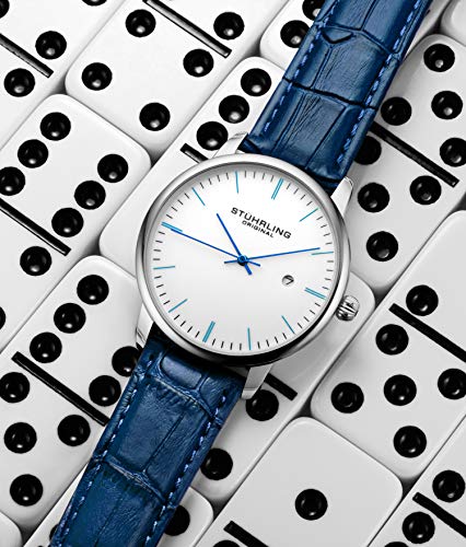 Stuhrling Original Mens Watch Calfskin Leather Strap - Dress + Casual Design - Analog Watch Dial with Date, 3997Z Watches for Men Collection (White Blue)