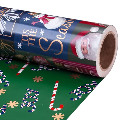 RUSPEPA 30" X 32.8' Reversible Christmas Wrapping Paper Large Paper Roll, Jumbo Roll, Santa Claus, Snowman and Candy Cane Design Gift Wrap for Kids, Friends, Family, Xmas Holiday Gifts
