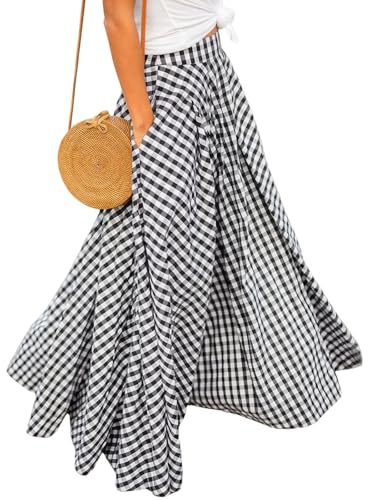ebossy Retro Plaid Long Skirts for Women High Waist Pleated Flowy Swing A-line Maxi Skirts with Pockets