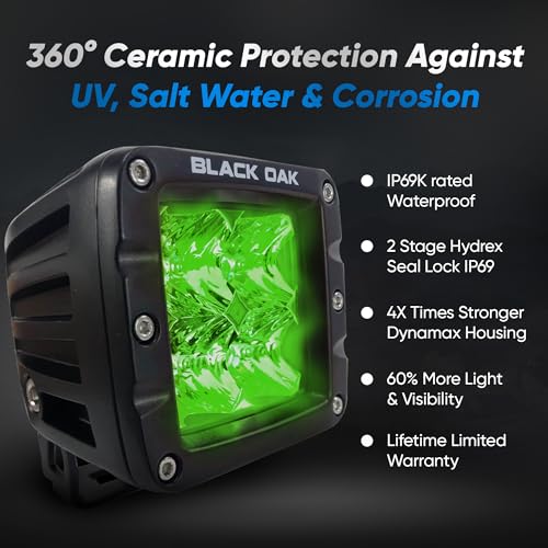 Black Oak LED Green LED Hog Hunting Light, 2-Inch POD Light Flood Optics Tactical Night Hunting Lights for Hogs, Deers, Predator, Coyote - SUV's, UTV's, Cam Am, Tractor, Van, 4X4 Universal Fit