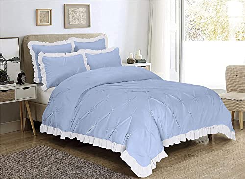 Image of 300 TC Pinch Ruffle 2 Tone Duvet /Razai /Blanket Cover with 2 Pillow Cover- 100% Cotton (Zipper Closure) Razai Cover 3 PC Set, Soft & Lightweight-King Size White /Light Blue