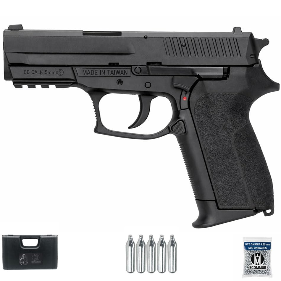 Pistola KWC 2022 (Sig) NBB CO2 (4,5mm) | Pack Pistola de balines (perdigones Bolas de Acero BB's). Arma de Aire comprimido CO2 Calibre 4,5mm [2.5 Julios]