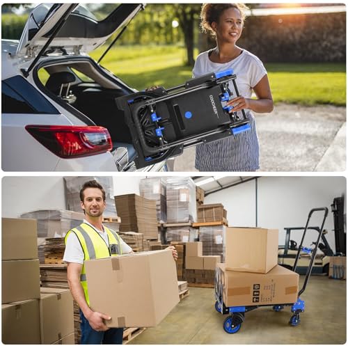 Image of 330lbs Hand Truck with Folding Basket, 2-in-1 Aluminum Foldable Dolly Cart | Converts to 2 & 4 Wheel Platform Truck, 5 inch Solid Rubber Wheels, 3-Level Retractable Handle for Moving, Travel, Office(Blue)