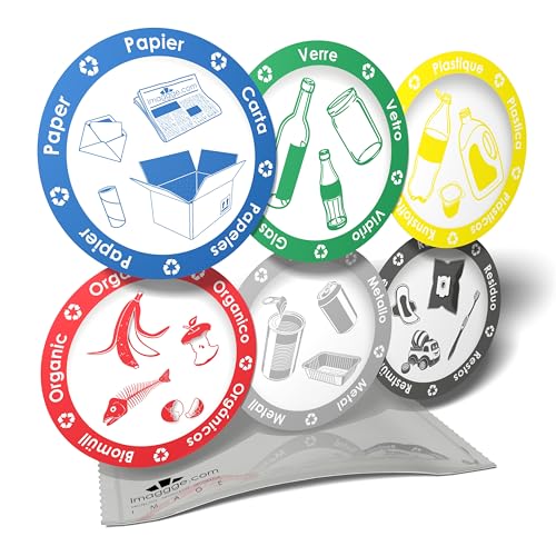 imaggge.com Pegatinas informativas – Pictograma para la organización de la clasificación selectiva de residuos para basura o contenedor – 6 pegatinas redondas – 9,5 cm, 3701323002821