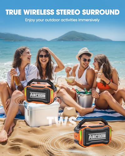 Image of ANCOON Speakers Bluetooth Wireless: 80W(Peak) Loud Speaker with Bass, 20H Playtime, IPX6 Waterproof, Large Jobsite Speakers for Work, Outdoor, Workshop, Garage, Portable Speaker with TWS (Orange)