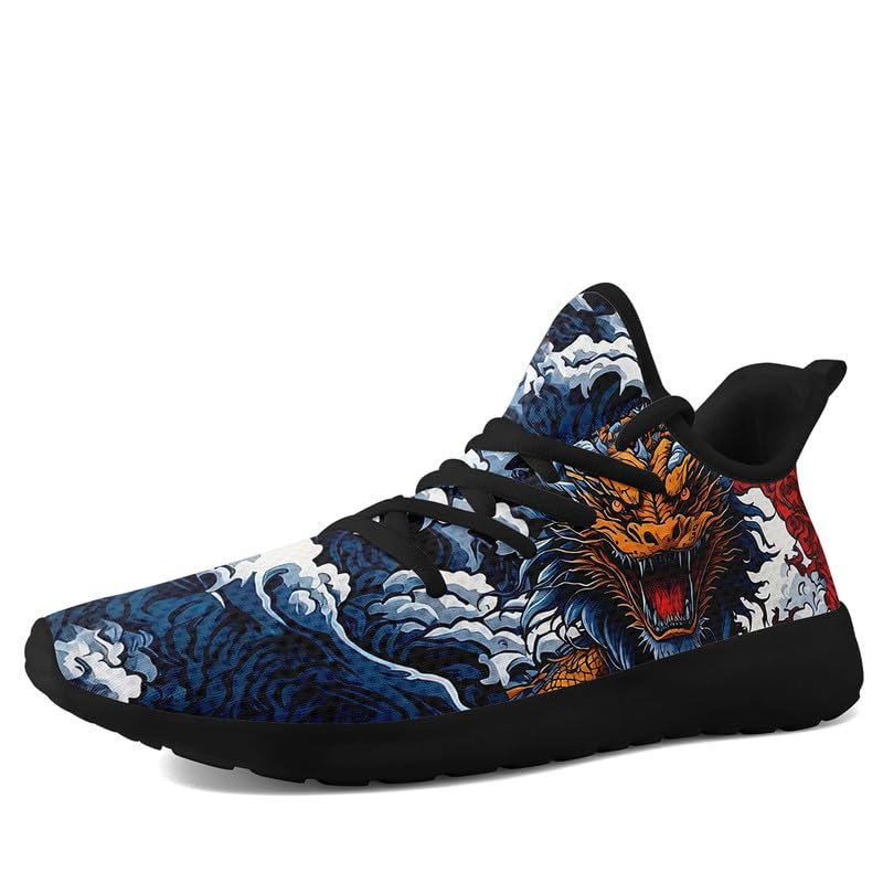 Men's Dynamic Dragon-Print Athletic Road Running Shoes Lightweight Walking Sneaker with Mythical Design Black Cool Tennis Shoes