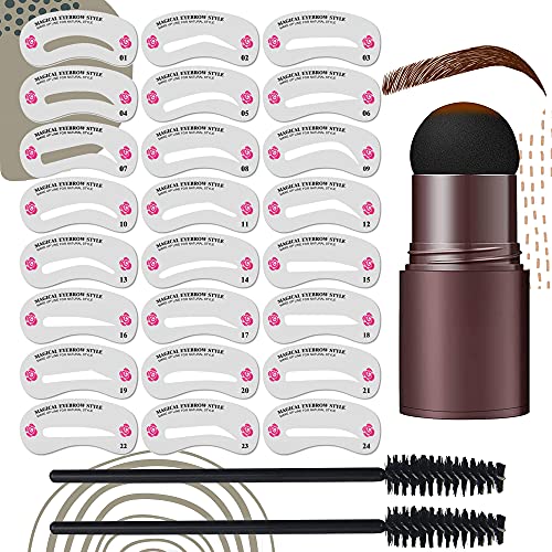 Eyebrow Stamp Stencil Kit, Eyebrow Stamp, 1 Step Eyebrow Stamp Shaping Kit, Long Lasting and Water Resistant Eyebrow Makeup, Eyebrow Stamp Reusable Brow Template and 24 PCS Stencils Kits, Dark Brown