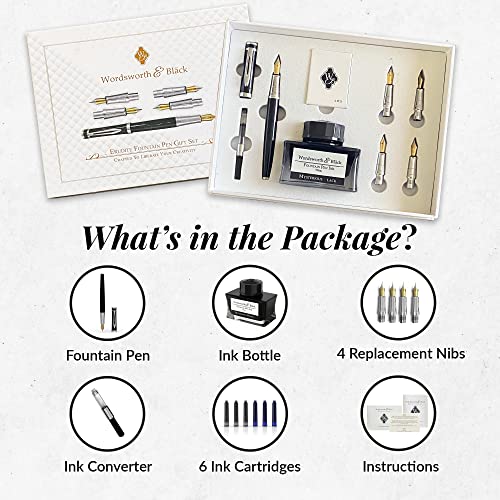 Wordsworth & Black Fountain Pen Gift Set, Includes Ink Bottle, 6 Ink Cartridges, Ink Refill Converter, 4 Replacement Nibs, Premium Package, Journaling, Calligraphy, Smooth Writing Pens [Black Chrome] #TOP1