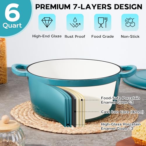 Onader Enameled Cast Iron Dutch Oven, 6 QT Dutch Oven Pot with Lid, Heavy Duty Cookware for Sourdough Bread Baking - Dark Cyan