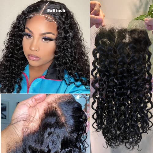 5x5 HD Lace Closure Human Hair Water Wave 5x5 Lace Closure Curly Wet Wavy Virgin Hair Pre Plucked 5x5 Lace Closure Free Part Invisible Transparent HD Lace Closure Natural 16 Inch