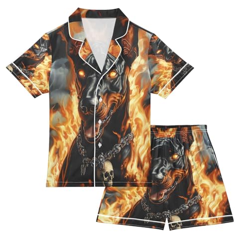 ALAZA Funny Dog Fire Sugar Skull Satin Pajamas Set Short Sleeve Button Down Sleepwear Summer Pjs 2 Piece