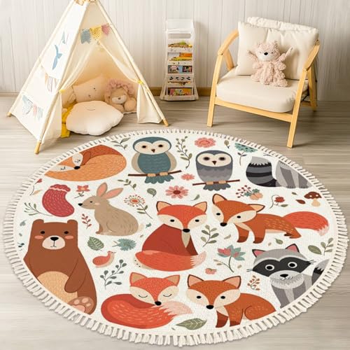 Tapete redondo boho de lino y algodón 4 ft multicolor miniatura 1