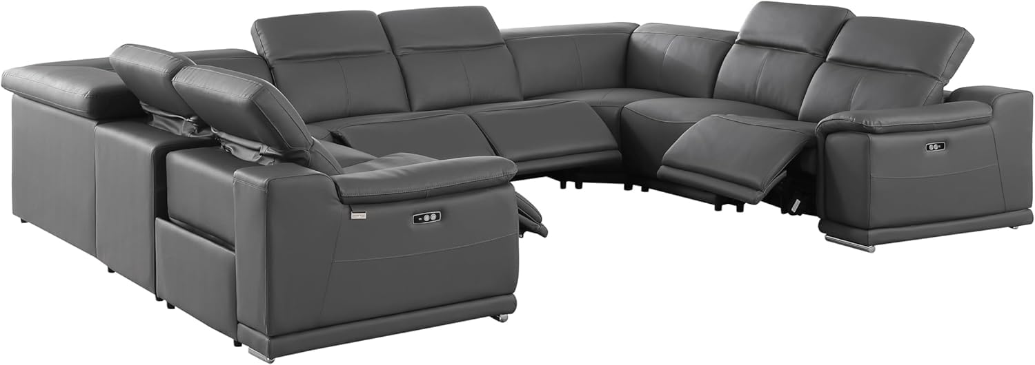 Blackjack Furniture Venice 8-Piece Top Grain Italian Leather Sectional Reclining Sofa Set with 4 Power Recliners, Adjustable Headrests, USB and Wireless Phone Charger, Dark Grey