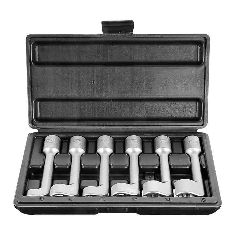 THE WHITE SHOP 1/2" Diesel Injector Line Socket Wrench Set, 6pc Diesel Fuel Line Socket Set with 12 14 16 17 18 19mm Wrenches, L-Type Diesel Mechanic Tool for Dismantling Fuel Line with Case