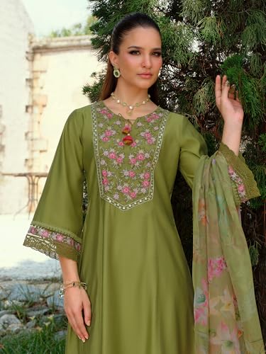 Image of INDO ERA Women's A-Line Cotton Blend Floral Embroidered Kurta & Pant With Dupatta Set (IEOUT11375)