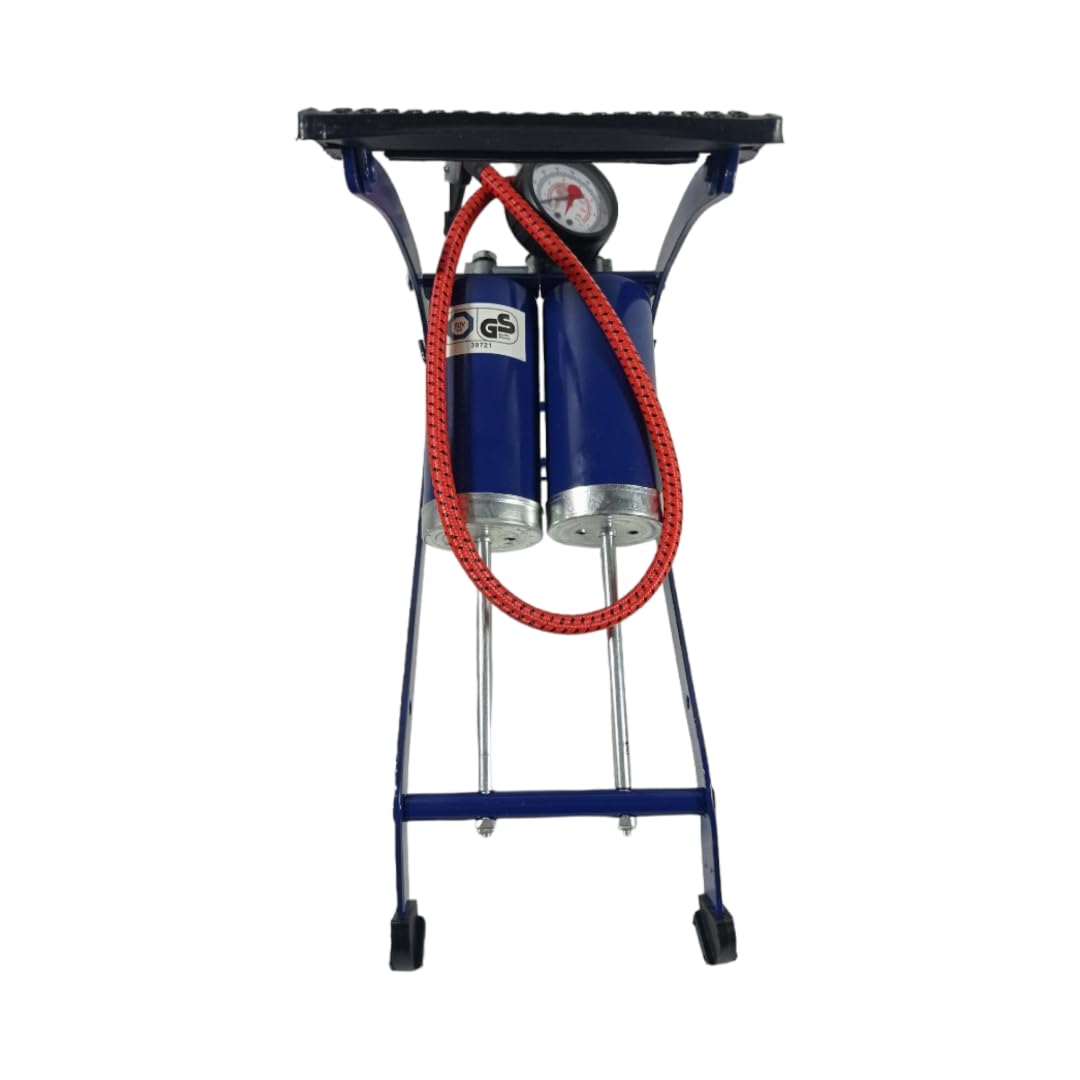 Sakura Twin Cylinder Foot Pump PG270 TWN – 52 cm Hose, Thumb Lock Connector, Pressure Gauge, 3 Valve Adaptors, Blue - For Schrader Valves Only