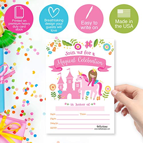 Image of Hadley Designs Kids Birthday Invitations Girl Unicorn Theme - 25 Royal Birthday Party Invitations For Girls, Princess Invites For Girls, Cute Fairytale Party Supplies, Made in USA