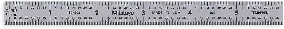 Mitutoyo 182-202, Steel Rule, 6" (16R), (1/32, 1/64", 1/50", 1/100"), 1/64" Thick X 1/2" Wide, Satin Chrome Finish Tempered Stainless Steel | Tempered stainless steel, +/-0.006" (+/-0.15 mm), clear graduations on satin-chrome finish, easy to read graduations