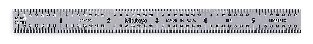 Mitutoyo 182-202, Steel Rule, 6" (16R), (1/32, 1/64", 1/50", 1/100"), 1/64" Thick X 1/2" Wide, Satin Chrome Finish Tempered Stainless Steel